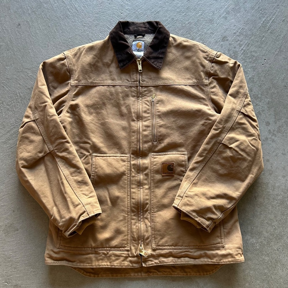 Vintage Carhartt Ridge Jacket Size Medium Tan Duck Canvas Sherpa Lined Chore C61